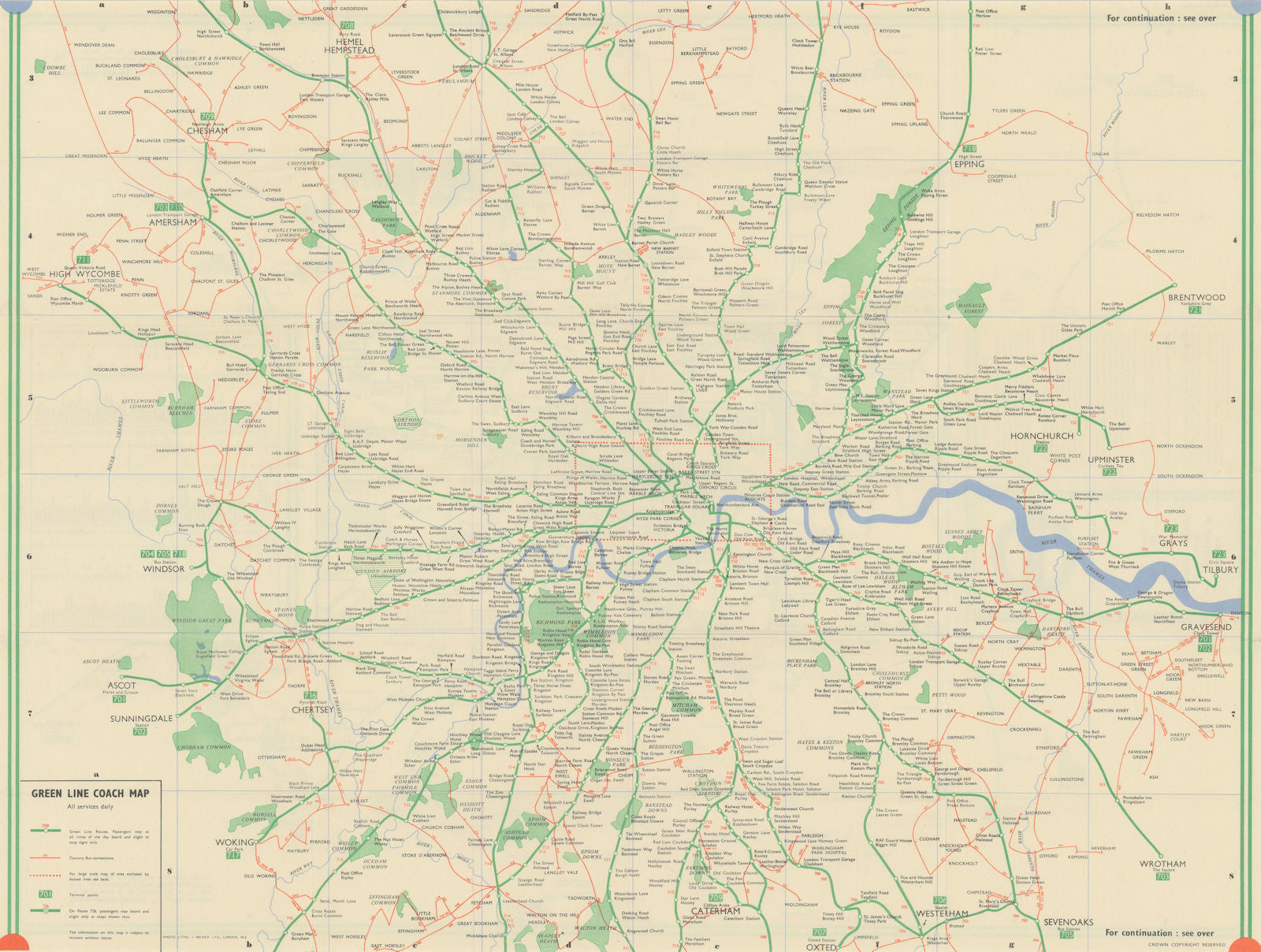 London Transport Green Line Coach map. #1 1948 old vintage plan chart